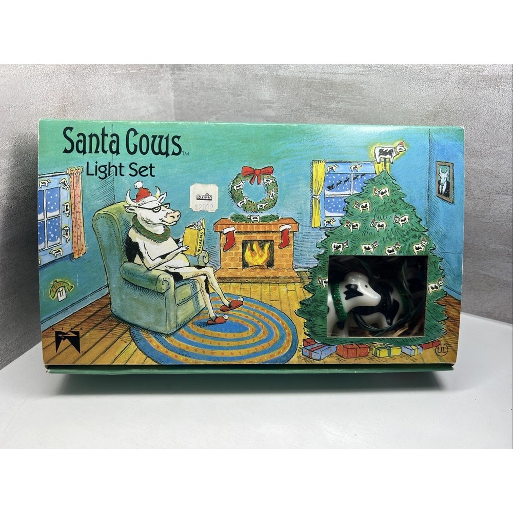 Vintage Christmas 1991 Sue Scott Primal Light Hereford Santa Cow String Lights
